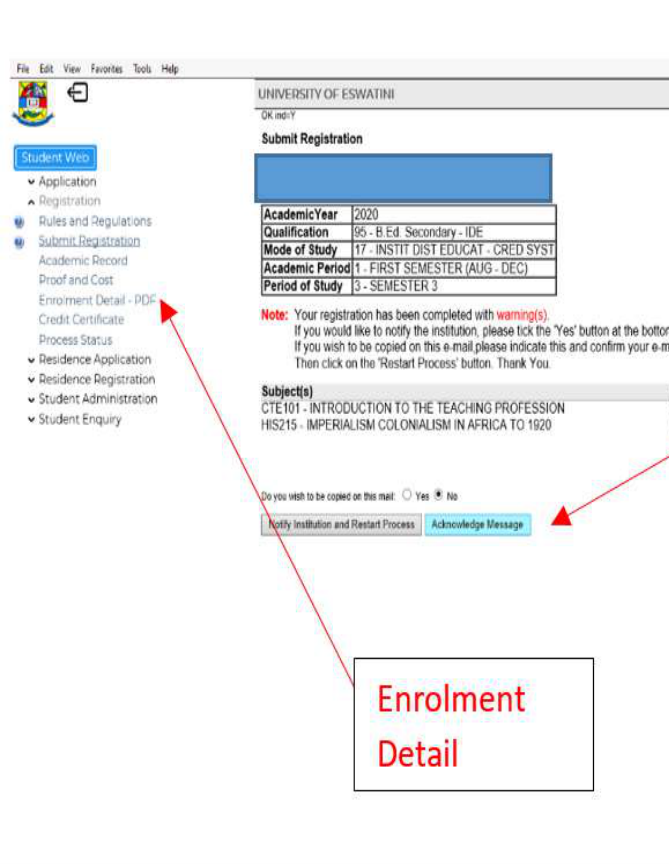 Registration acknowledgement and Enrolment Detail screen