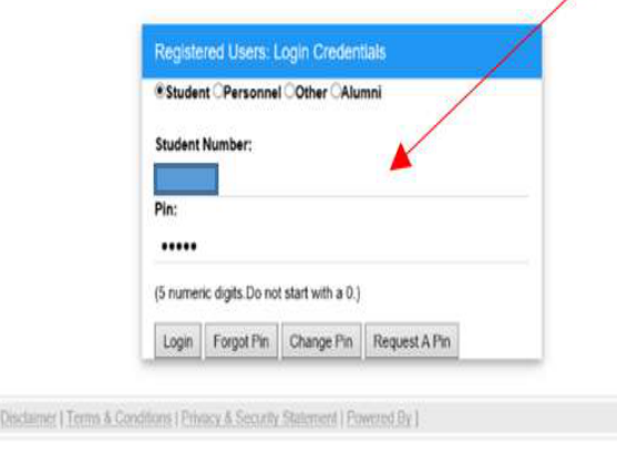 Online registration screen showing student number and PIN fields
