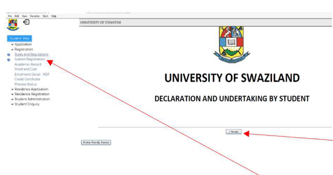 Registration Rules and Regulations screen