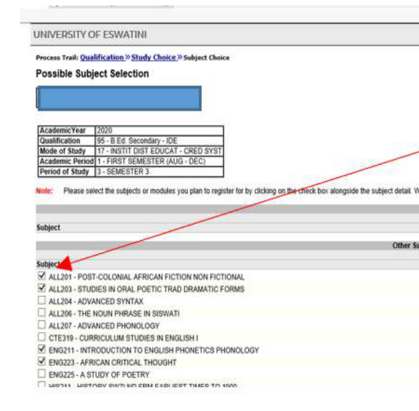 Subject selection screen showing courses