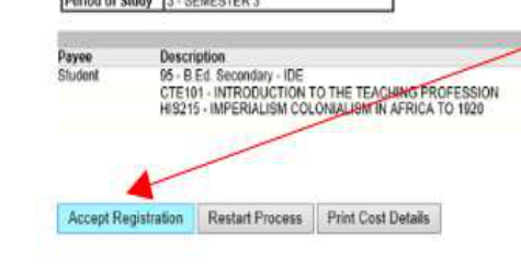 Registration Cost screen